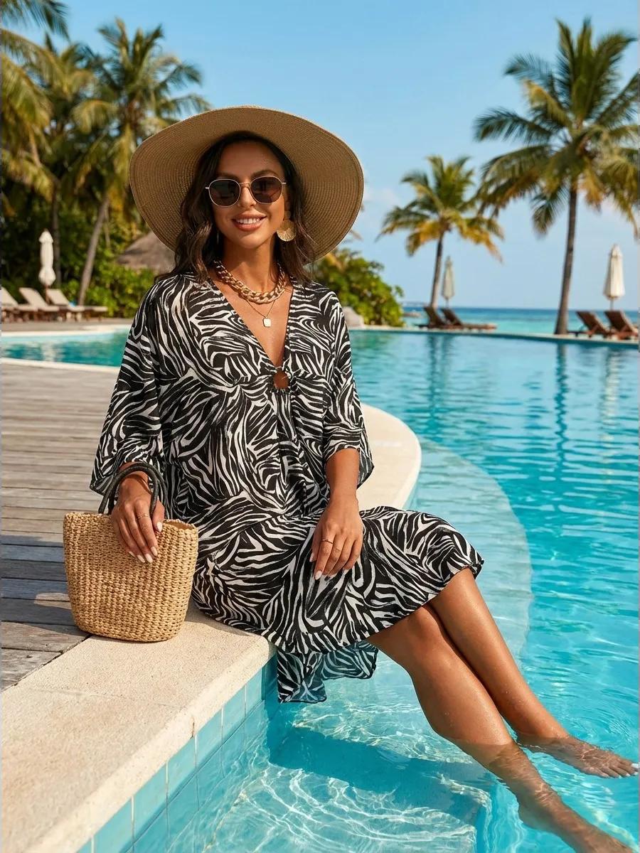 Corinora | Women's Elegant Printed Beach Cover-Up Dress — Black and White