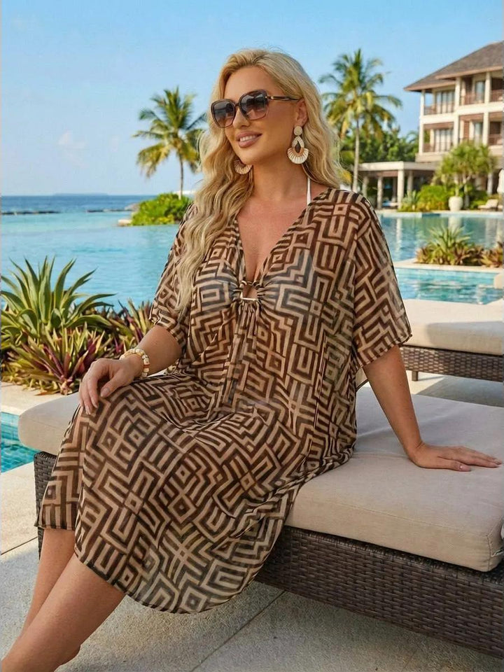Corinora | Women's Elegant Printed Beach Cover-Up Dress — Brown Square