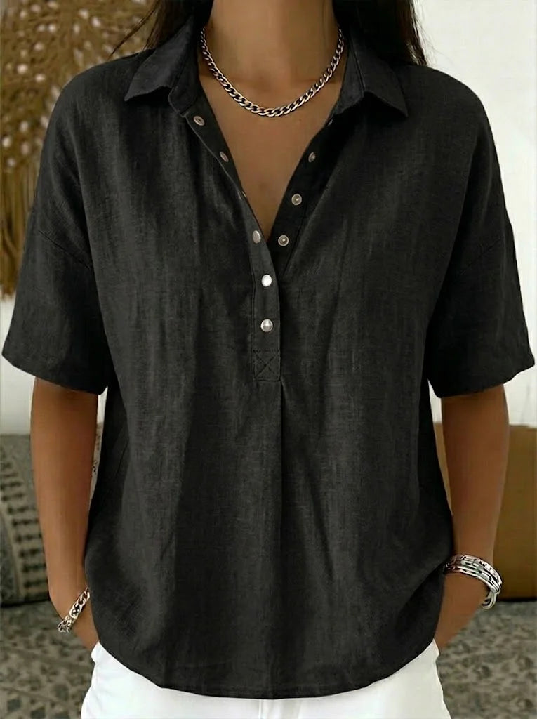 Corinynn | Women's High-Waist Short Sleeve Blouse Linen-Look Collared — Black