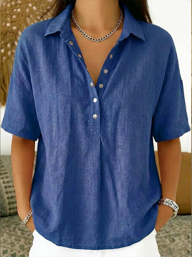 Corinynn | Women's High-Waist Short Sleeve Blouse Linen-Look Collared — Blue