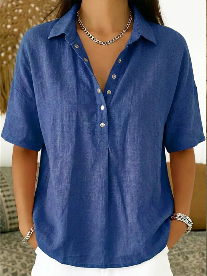 Corinynn | Women's High-Waist Short Sleeve Blouse Linen-Look Collared — Blue