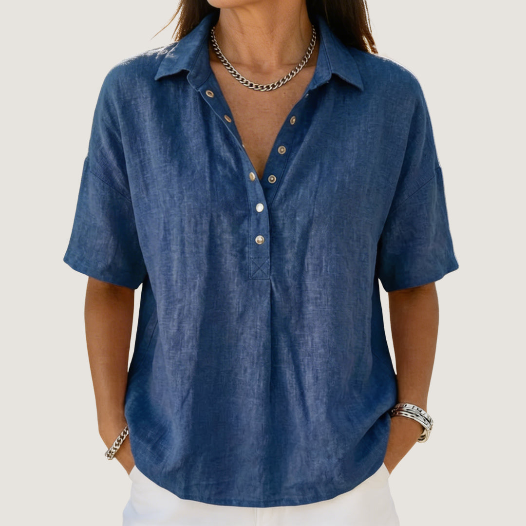 Corinynn | Women's High-Waist Short Sleeve Blouse Linen-Look Collared — 1