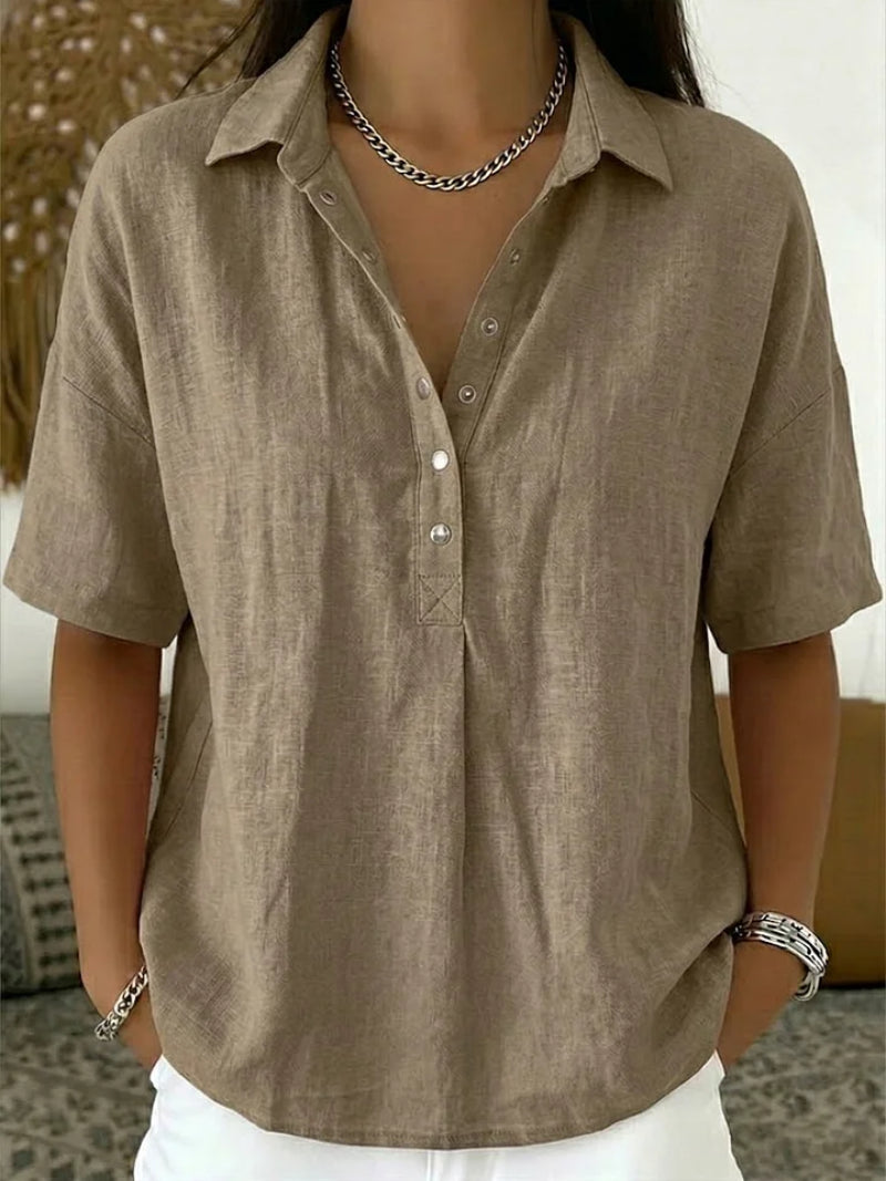 Corinynn | Women's High-Waist Short Sleeve Blouse Linen-Look Collared — 2