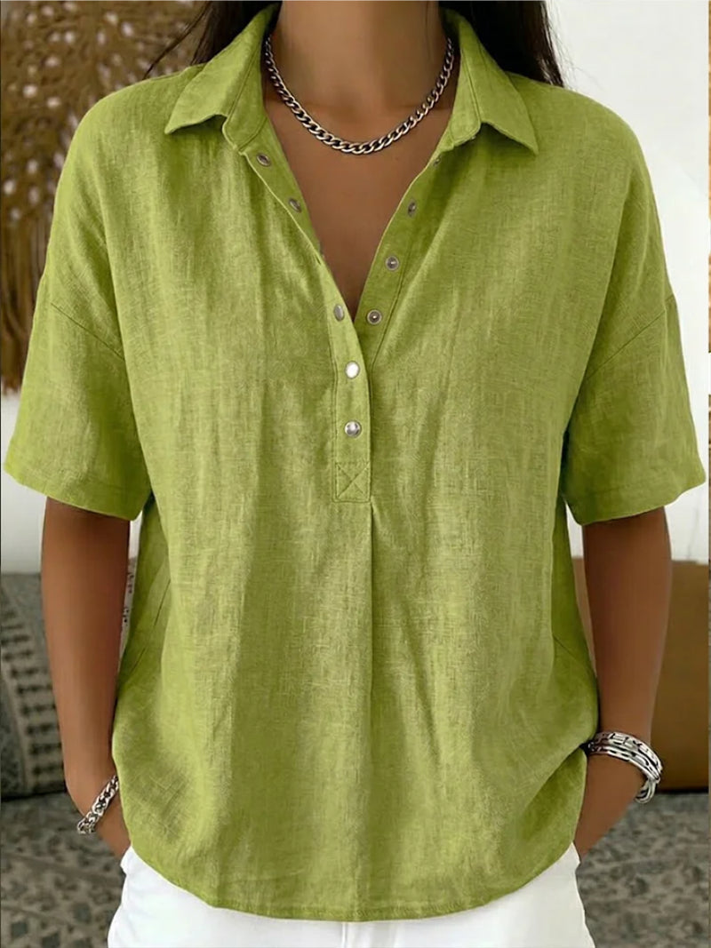 Corinynn | Women's High-Waist Short Sleeve Blouse Linen-Look Collared — Green