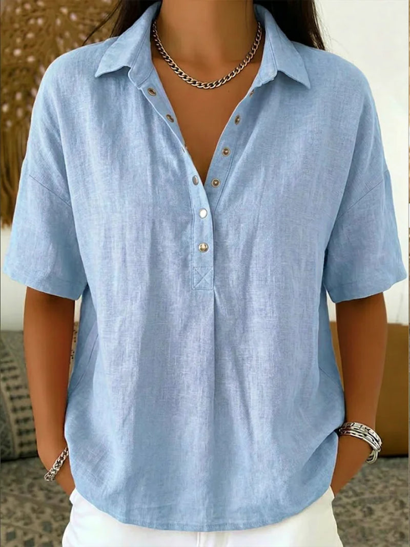 Corinynn | Women's High-Waist Short Sleeve Blouse Linen-Look Collared — Light Blue