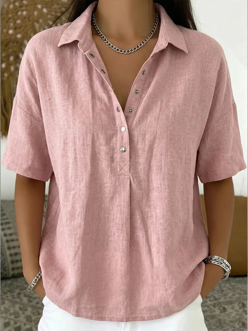 Corinynn | Women's High-Waist Short Sleeve Blouse Linen-Look Collared — Pink