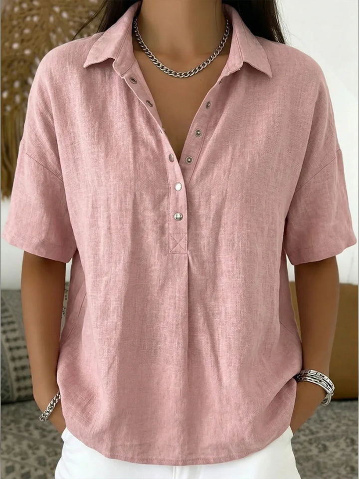 Corinynn | Women's High-Waist Short Sleeve Blouse Linen-Look Collared — Pink