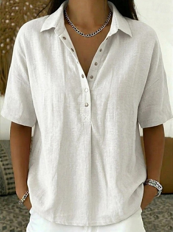 Corinynn | Women's High-Waist Short Sleeve Blouse Linen-Look Collared — White