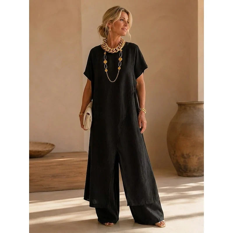 Dahlaria | Women's Wrap Tunic Wide Leg Pants Set — Black
