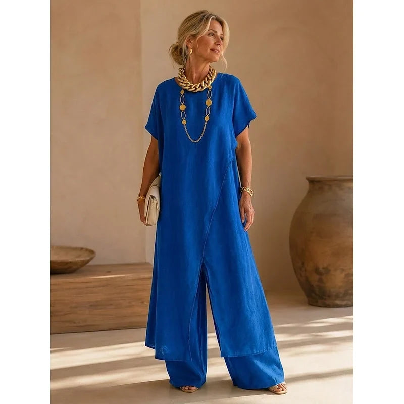 Dahlaria | Women's Wrap Tunic Wide Leg Pants Set — Blue