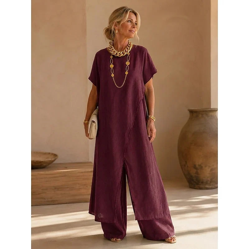 Dahlaria | Women's Wrap Tunic Wide Leg Pants Set — Claret