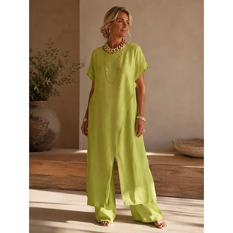 Dahlaria | Women's Wrap Tunic Wide Leg Pants Set — Matcha