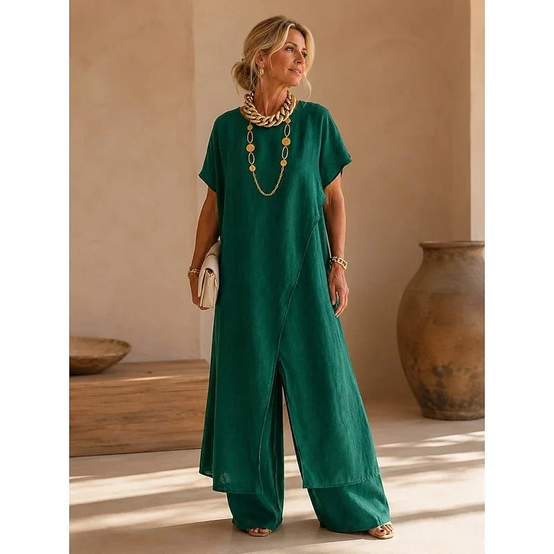 Dahlaria | Women's Wrap Tunic Wide Leg Pants Set — Ocean green