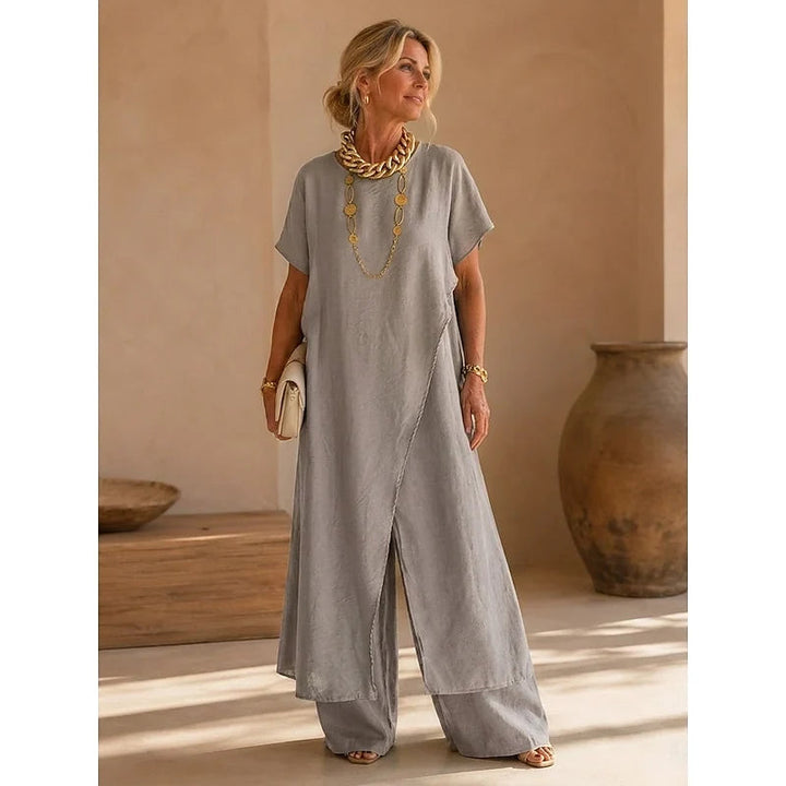 Dahlaria | Women's Wrap Tunic Wide Leg Pants Set — Silver/Gray