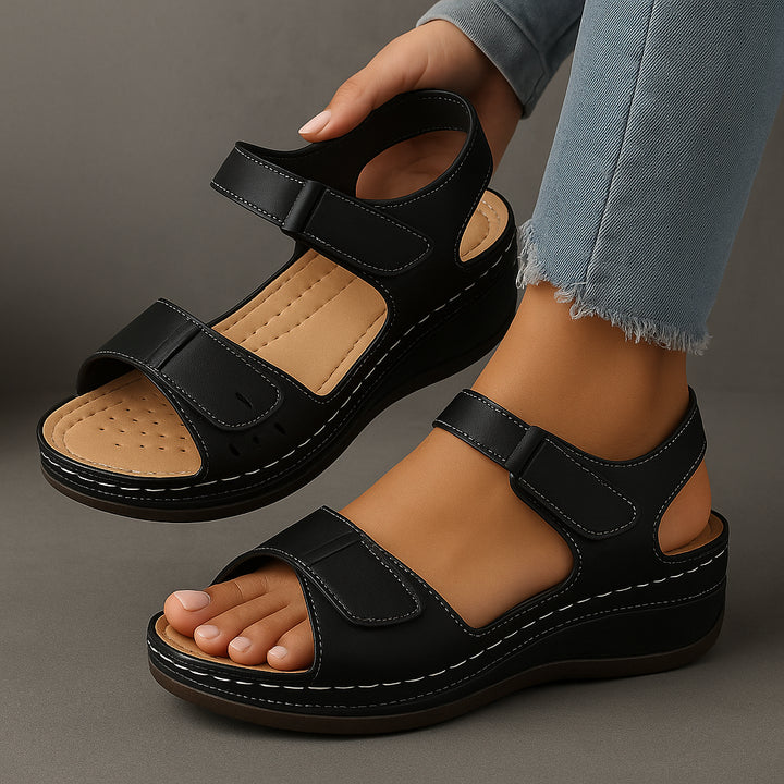 Dahlolde | Women's Comfortable Leather Orthopedic Sandals with Ergonomic Arch Support — Black