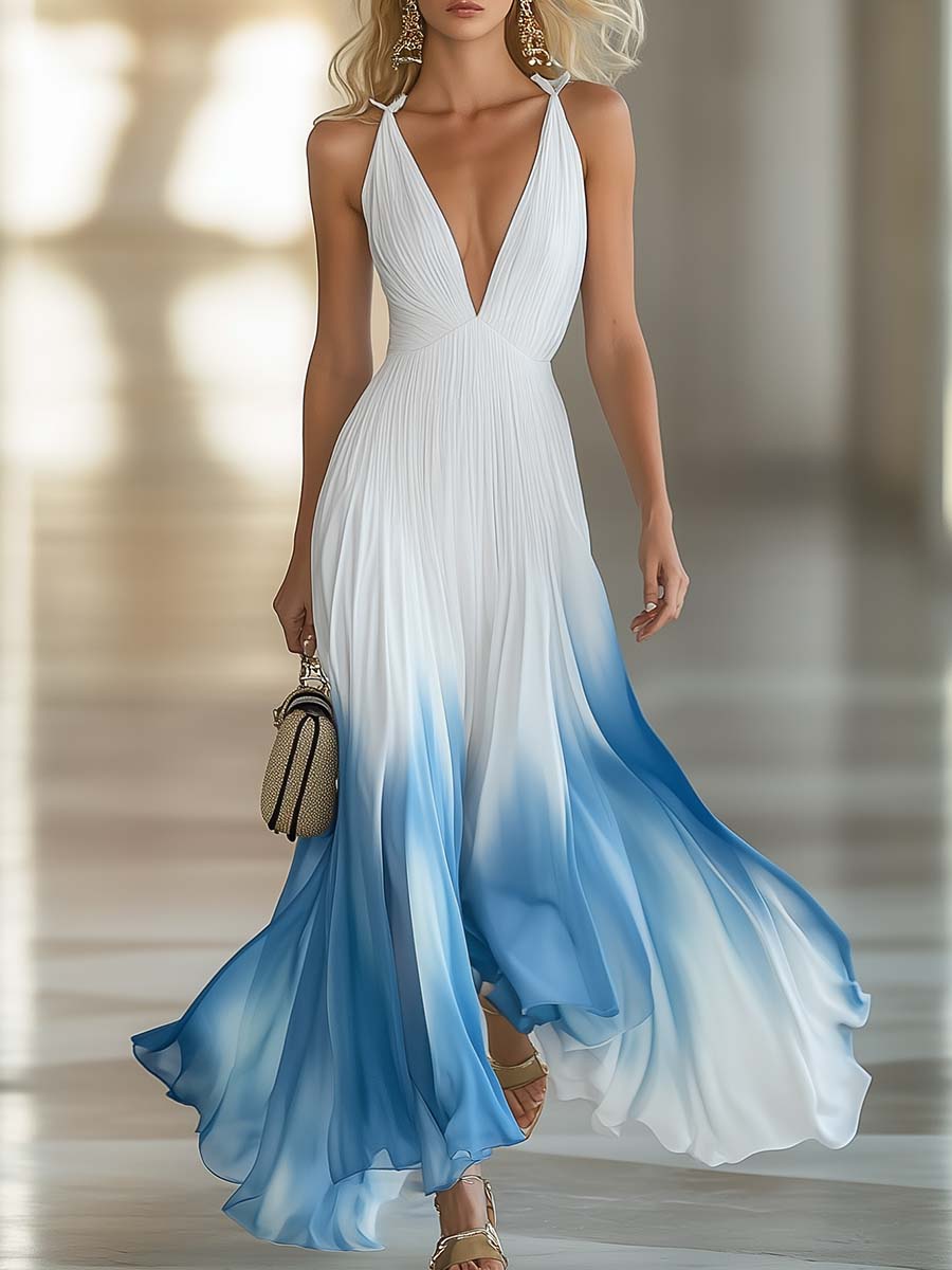 Woman wearing a white and blue gradient dress with a blurred background