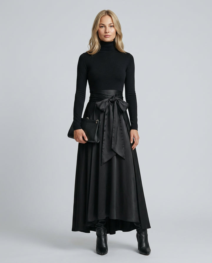 Delilah | Women's High-Waist High-Neck Maxi Dress with Satin Flared Skirt — Black