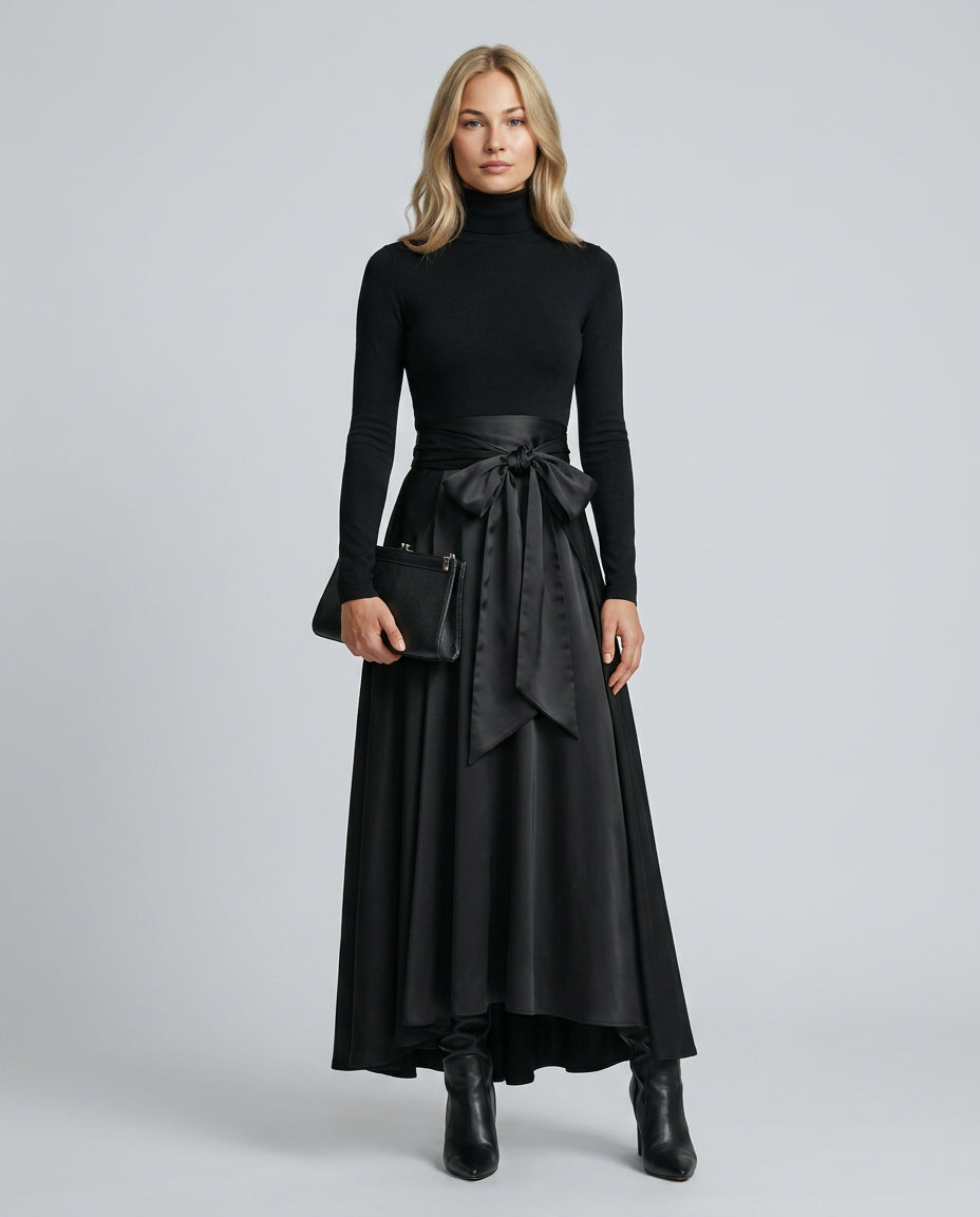 Delilah | Women's High-Waist High-Neck Maxi Dress with Satin Flared Skirt — 1