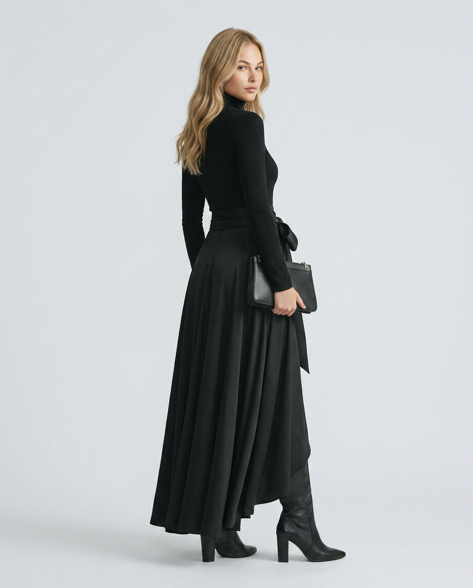 Delilah | Women's High-Waist High-Neck Maxi Dress with Satin Flared Skirt — 2