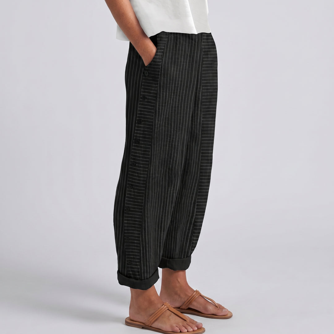 Dellyn | Women's Wide-Leg Linen Stripe Panel Button Detail Pants — Black