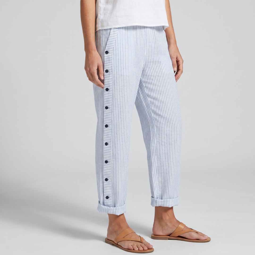 Dellyn | Women's Wide-Leg Linen Stripe Panel Button Detail Pants — Blue