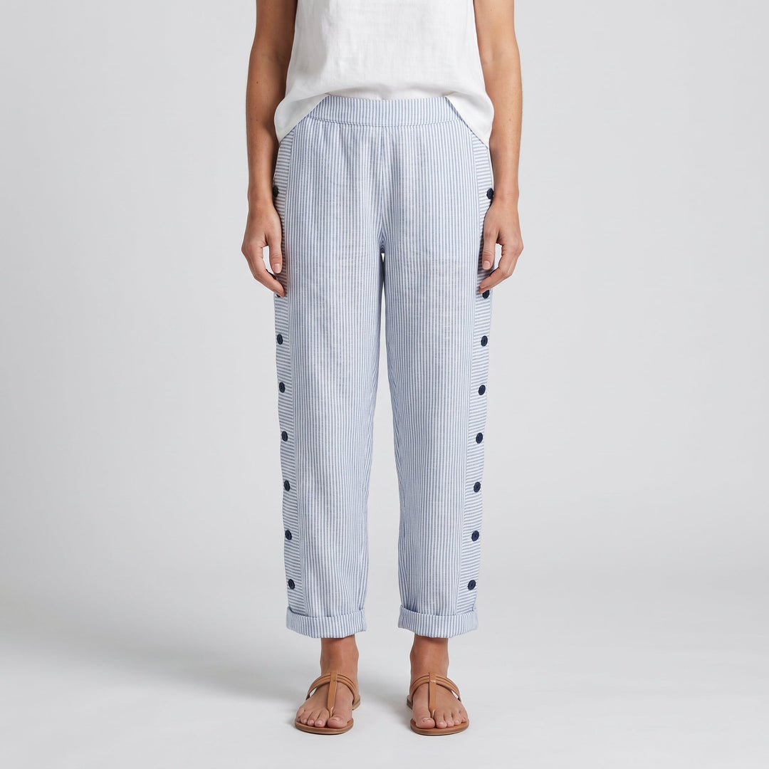 Dellyn | Women's Wide-Leg Linen Stripe Panel Button Detail Pants — 2