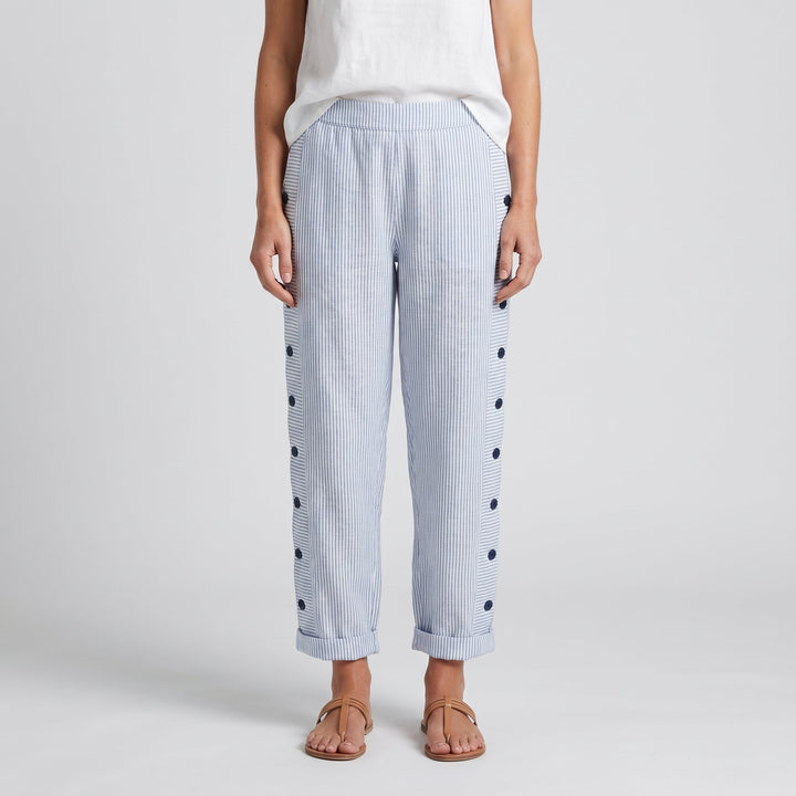 Dellyn | Women's Wide-Leg Linen Stripe Panel Button Detail Pants — 2