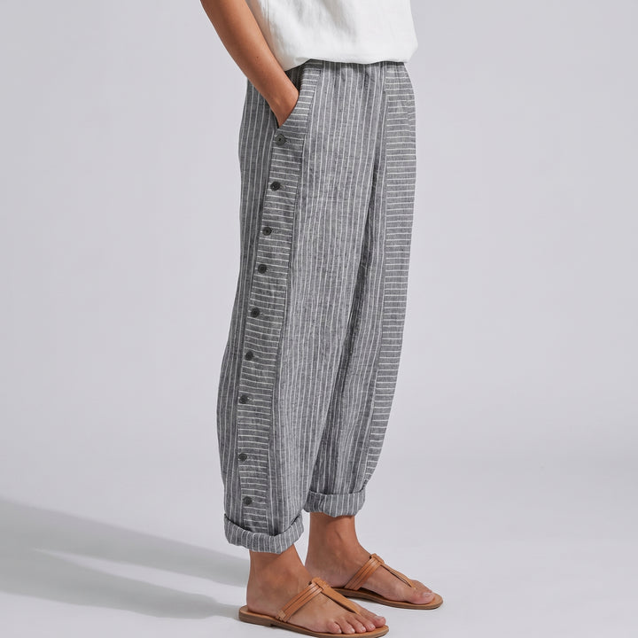 Dellyn | Women's Wide-Leg Linen Stripe Panel Button Detail Pants — Grey