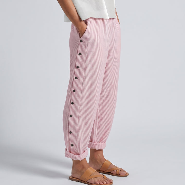 Dellyn | Women's Wide-Leg Linen Stripe Panel Button Detail Pants — Pink