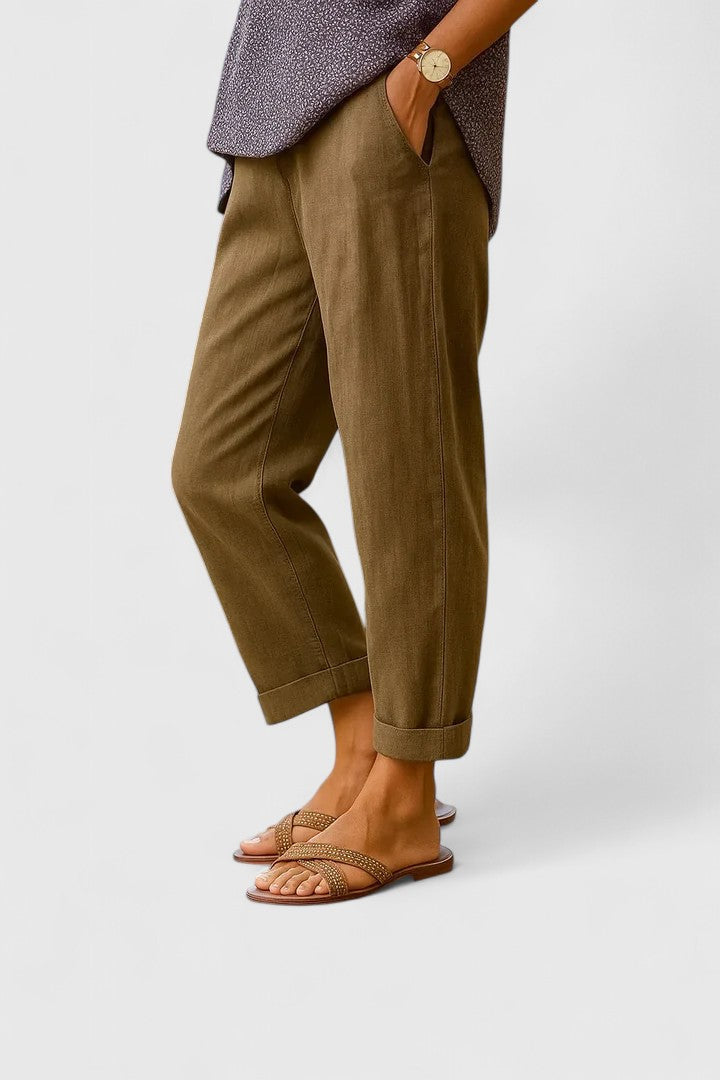 Delthanne | Women's Elegant Comfortable Straight Leg Cotton-Linen Pants — Coffee Brown