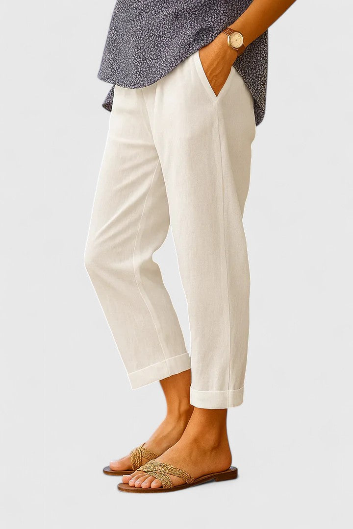 Delthanne | Women's Elegant Comfortable Straight Leg Cotton-Linen Pants — Ivory White