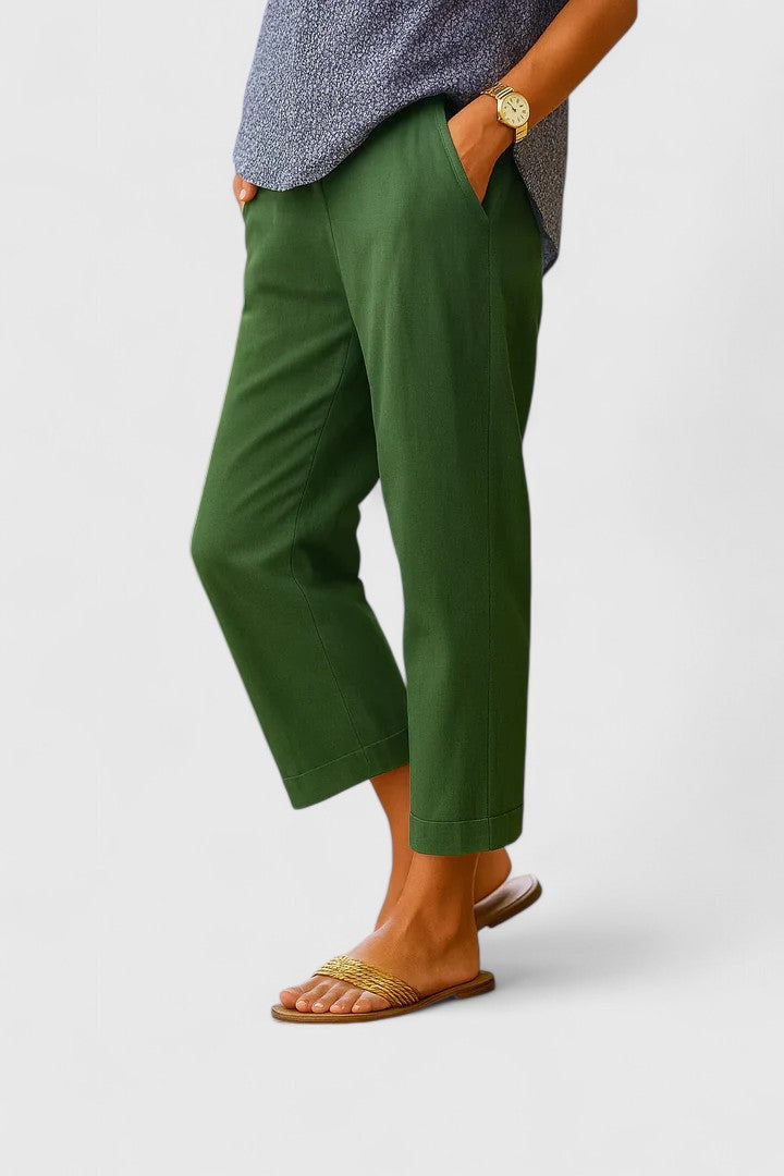 Delthanne | Women's Elegant Comfortable Straight Leg Cotton-Linen Pants — Olive Green