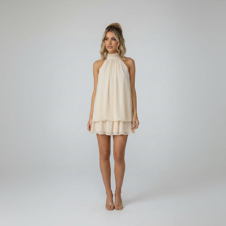 Delthara | Women's Elegant Halter Tiered Homecoming Mini Dress — Beige