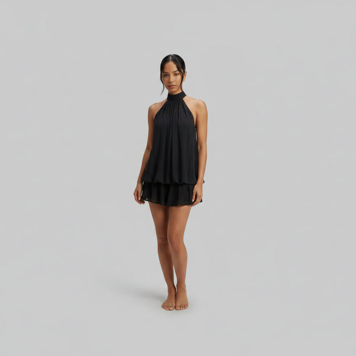 Delthara | Women's Elegant Halter Tiered Homecoming Mini Dress — Black