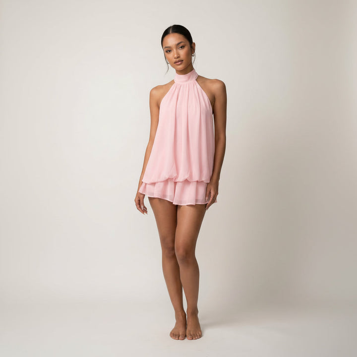 Delthara | Women's Elegant Halter Tiered Homecoming Mini Dress — Pink