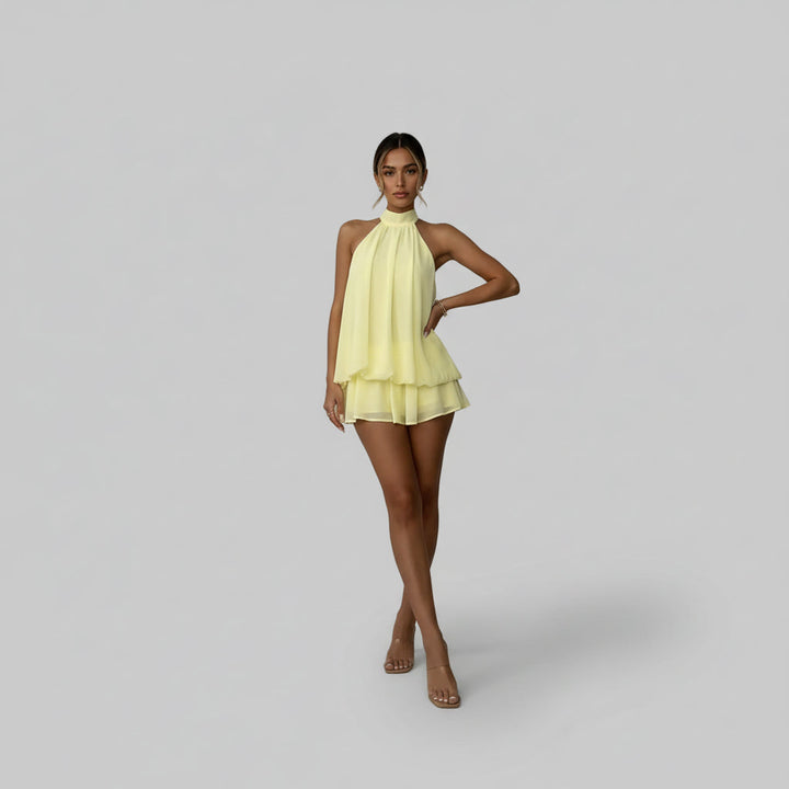 Delthara | Women's Elegant Halter Tiered Homecoming Mini Dress — Yellow