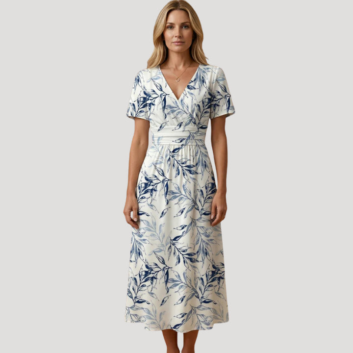 Delthetta | Women's High-Waist Floral Midi Wrap V Neck Short Sleeve White Casual Wear — 1