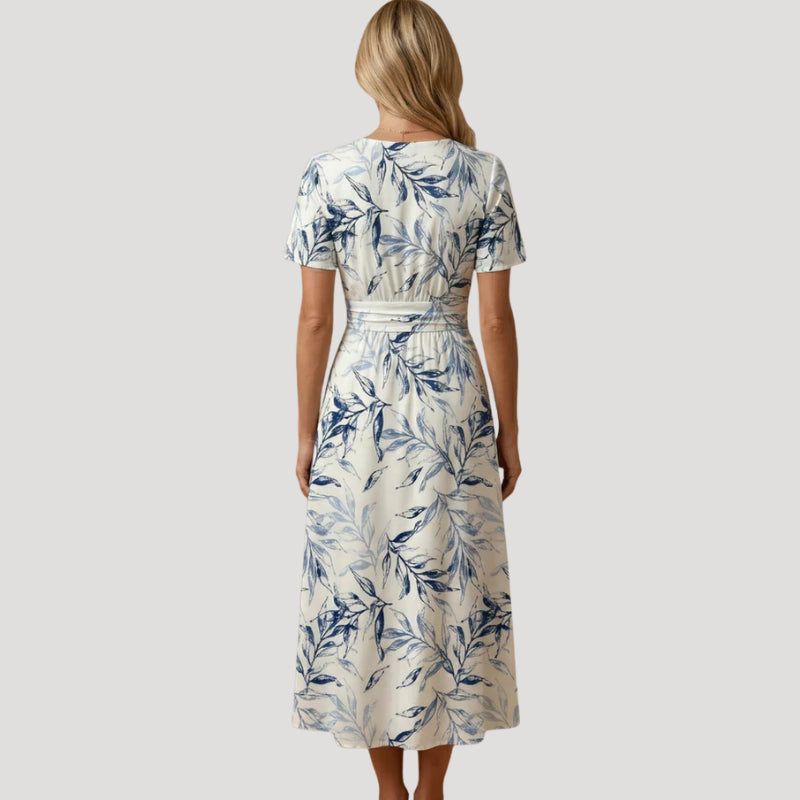 Delthetta | Women's High-Waist Floral Midi Wrap V Neck Short Sleeve White Casual Wear — 2