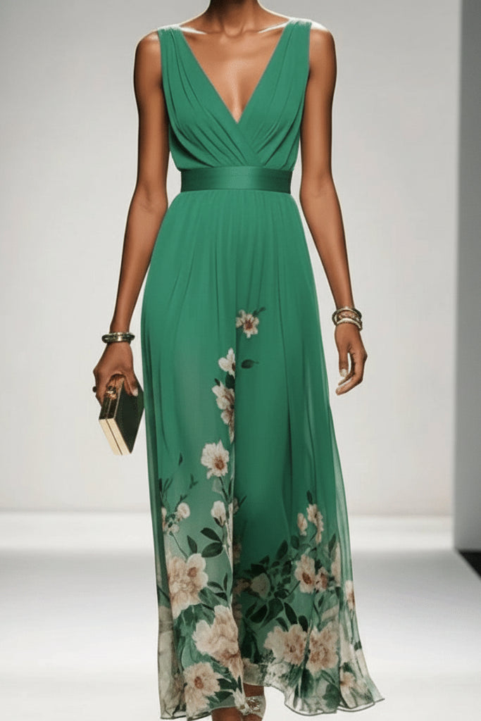 Delthreth | Women's Elegant Floral Maxi Dress — Green