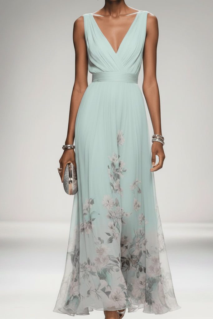 Delthreth | Women's Elegant Floral Maxi Dress — Light Green