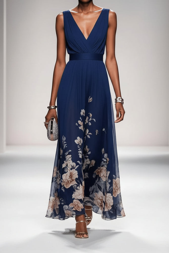 Delthreth | Women's Elegant Floral Maxi Dress — Navy Blue