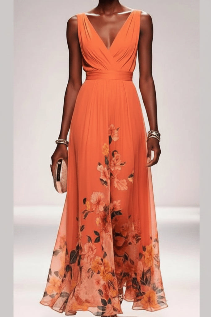 Delthreth | Women's Elegant Floral Maxi Dress — Orange