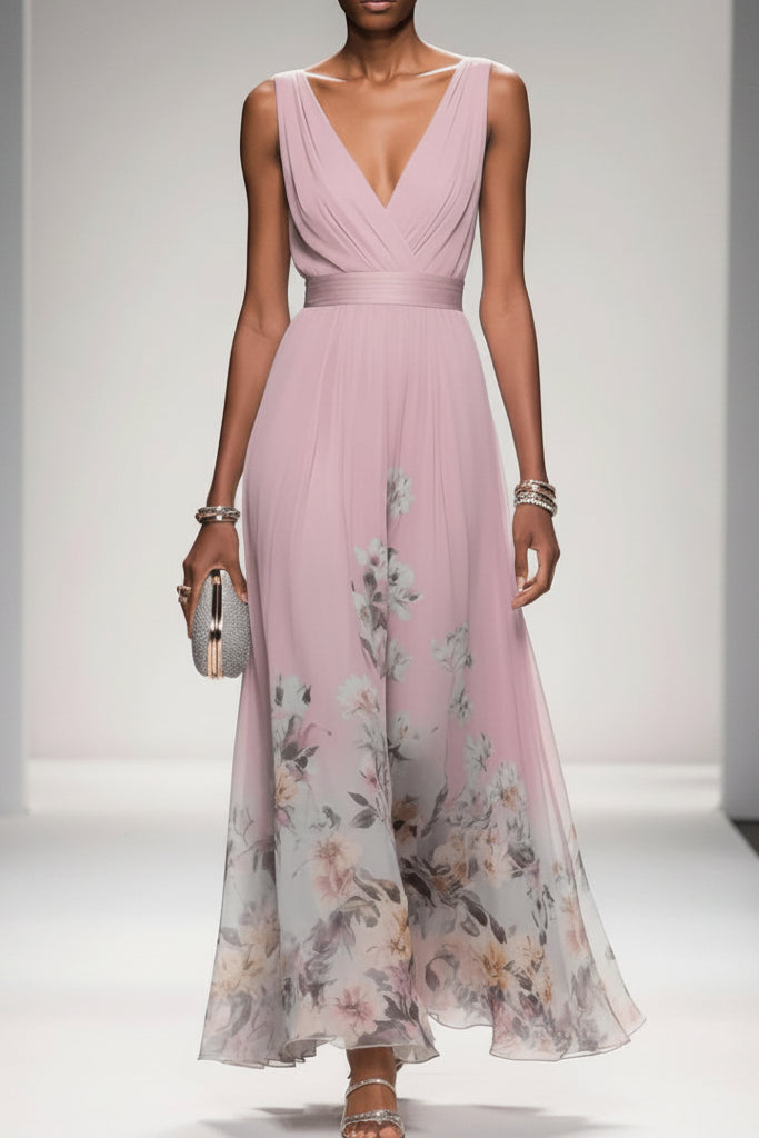 Delthreth | Women's Elegant Floral Maxi Dress — Pink