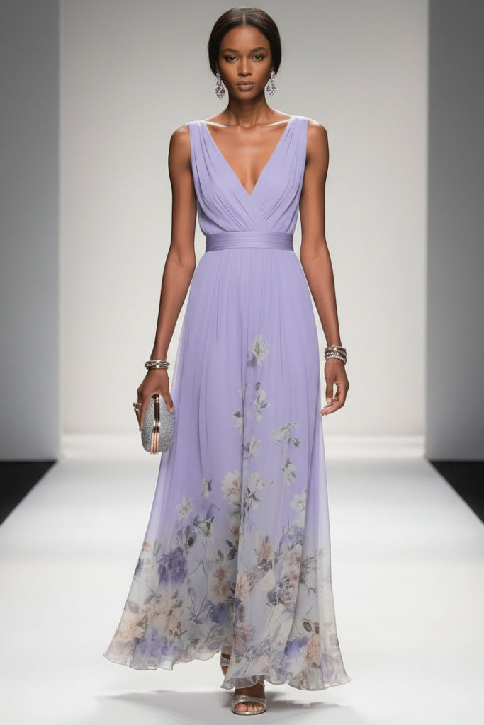 Delthreth | Women's Elegant Floral Maxi Dress — Purple