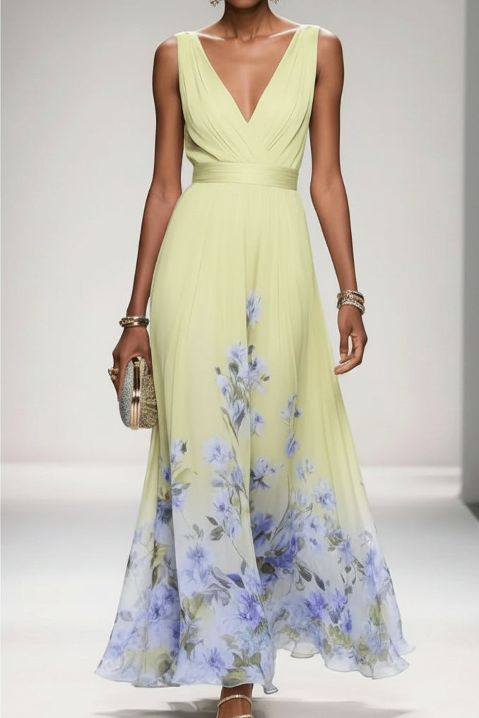 Delthreth | Women's Elegant Floral Maxi Dress — Yellow