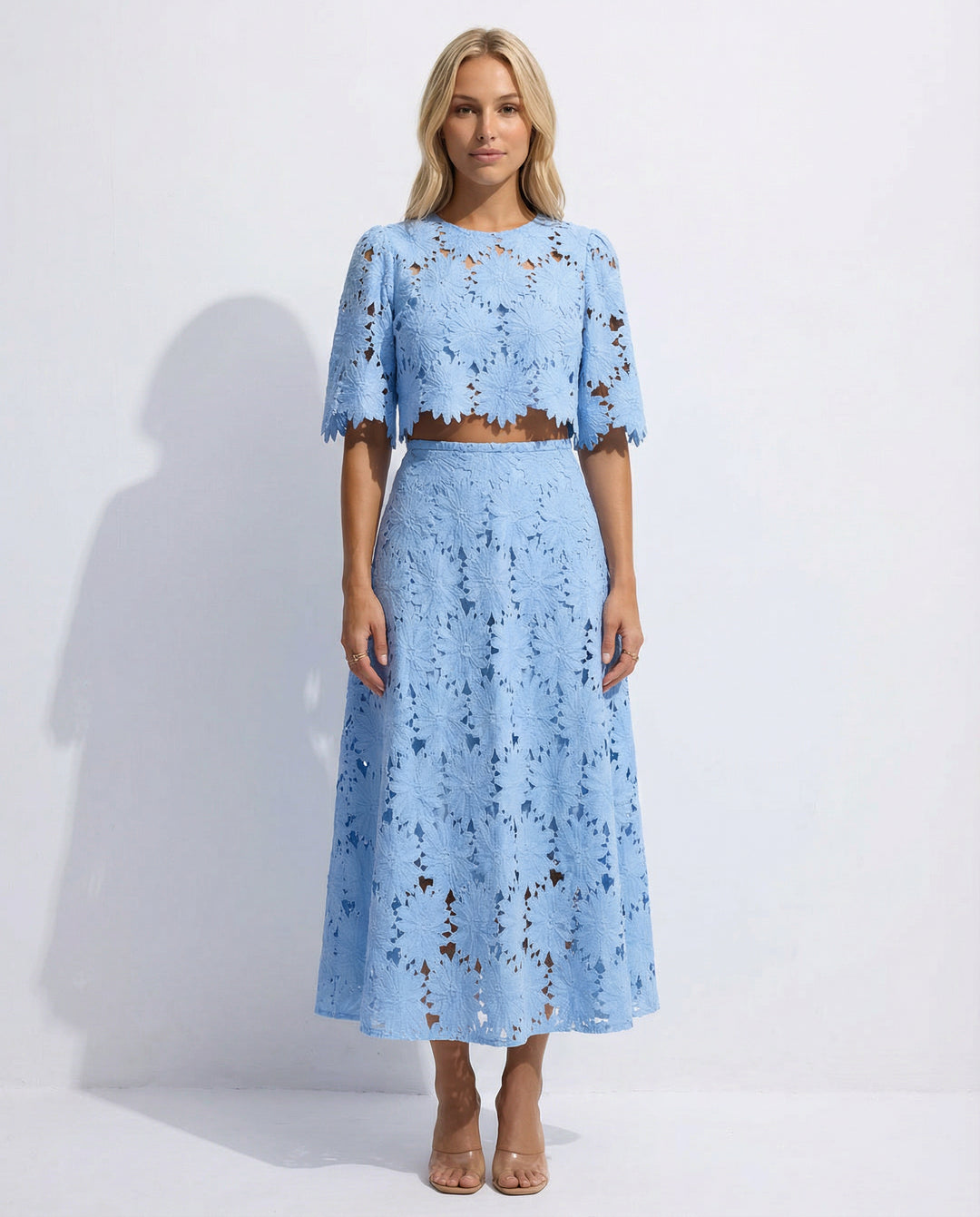Demetria | Women's Wedding Guest Elegant Sky Blue Lace Midi Dress For Dresses — Blue