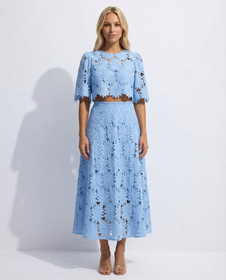 Demetria | Women's Wedding Guest Elegant Sky Blue Lace Midi Dress For Dresses — Blue