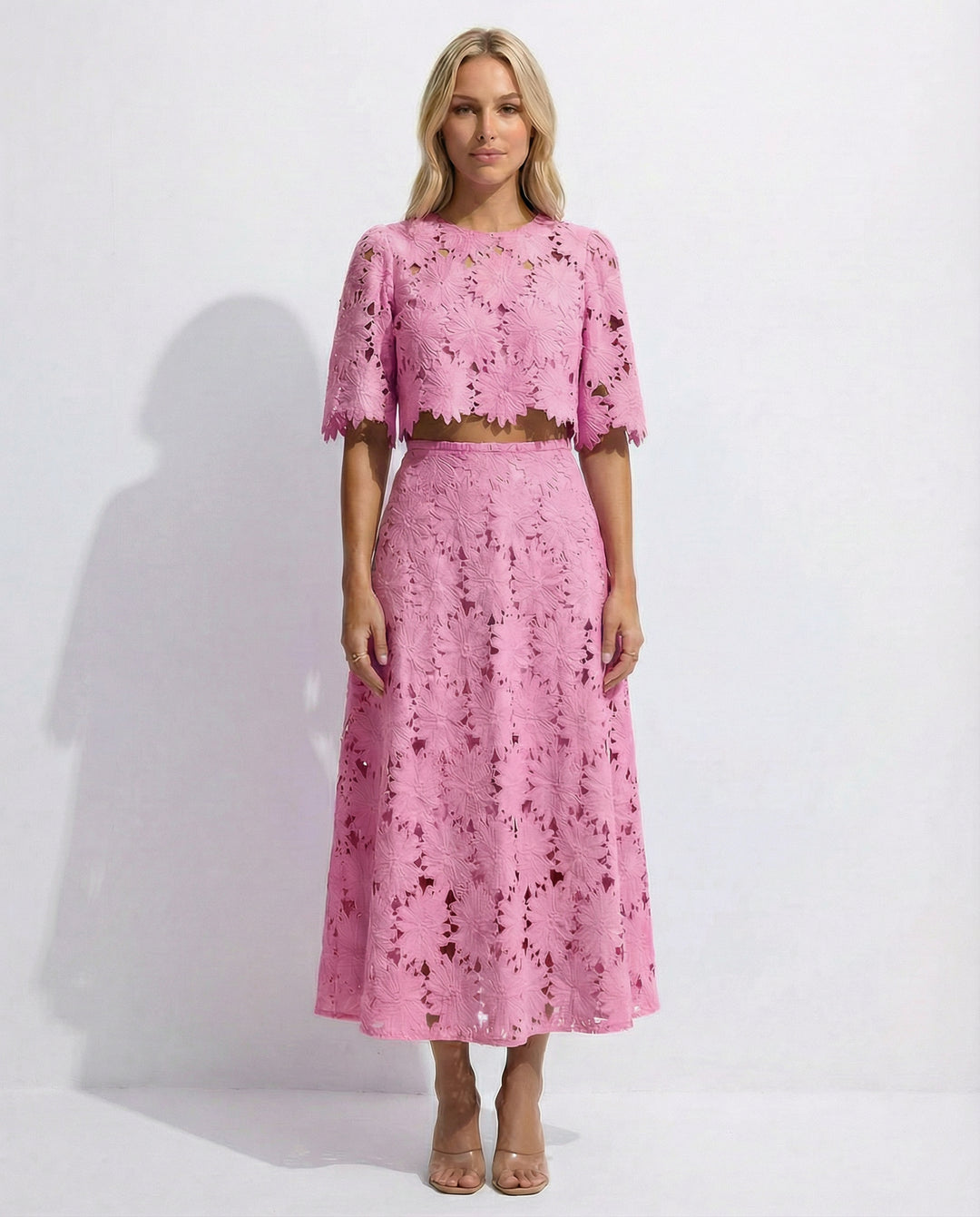 Demetria | Women's Wedding Guest Elegant Sky Blue Lace Midi Dress For Dresses — Pink