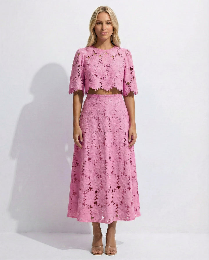 Demetria | Women's Wedding Guest Elegant Sky Blue Lace Midi Dress For Dresses — Pink