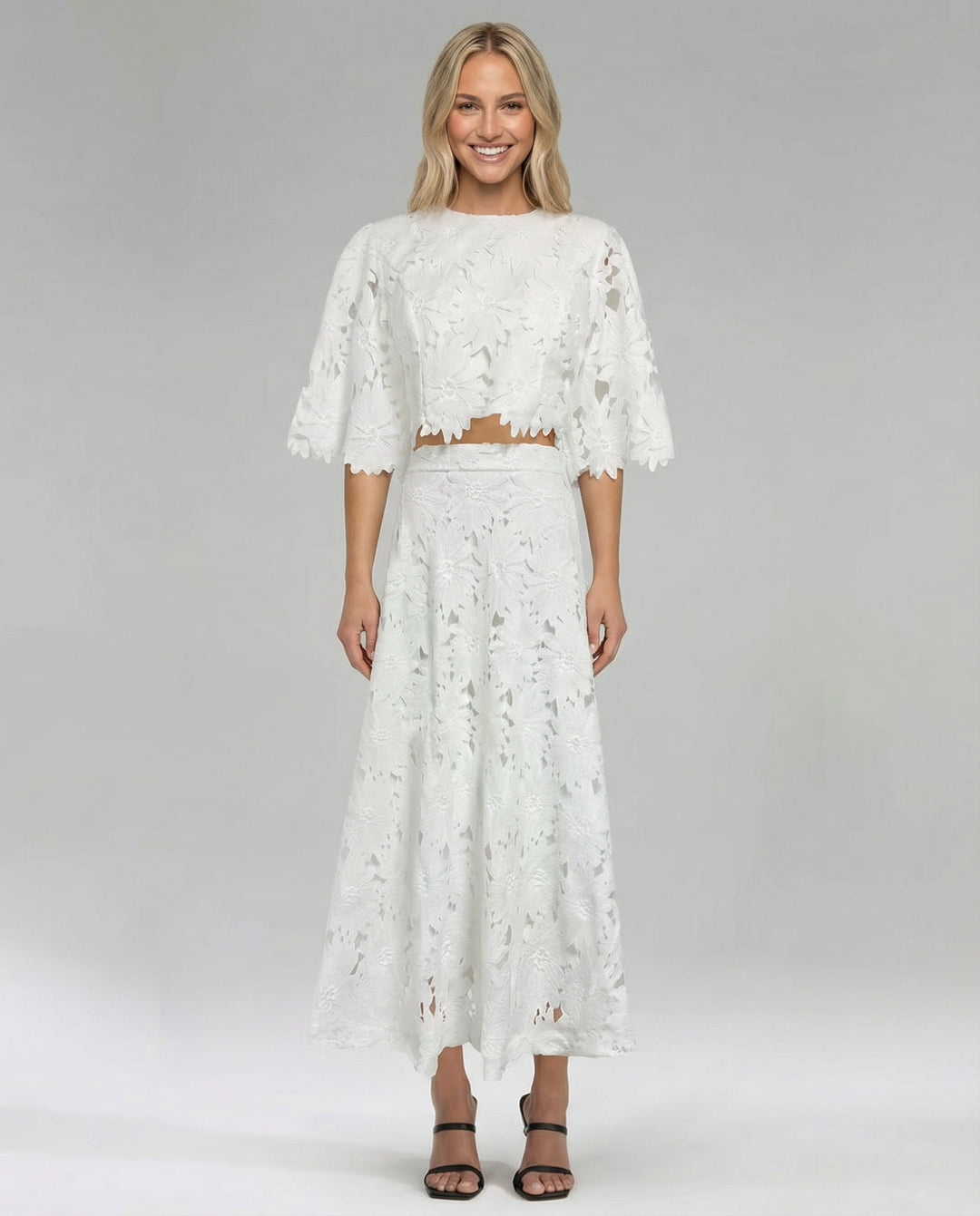 Demetria | Women's Wedding Guest Elegant Sky Blue Lace Midi Dress For Dresses — White